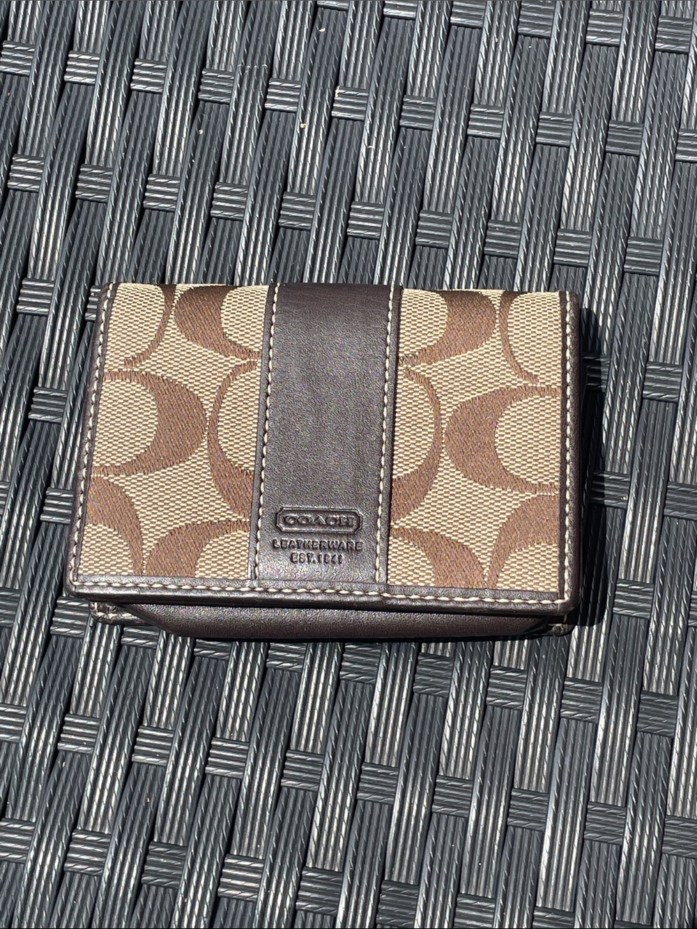 Coach Signature Jacquard Brown Leather Trifold Wallet